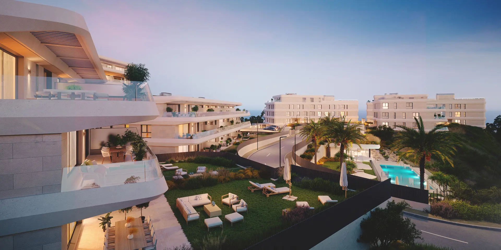 Estepona, Costa del Sol, Off-plan, Luxury apartment residences, Sea view apartments, gated communities, exterior facade, terraces, private gardens, community pool
