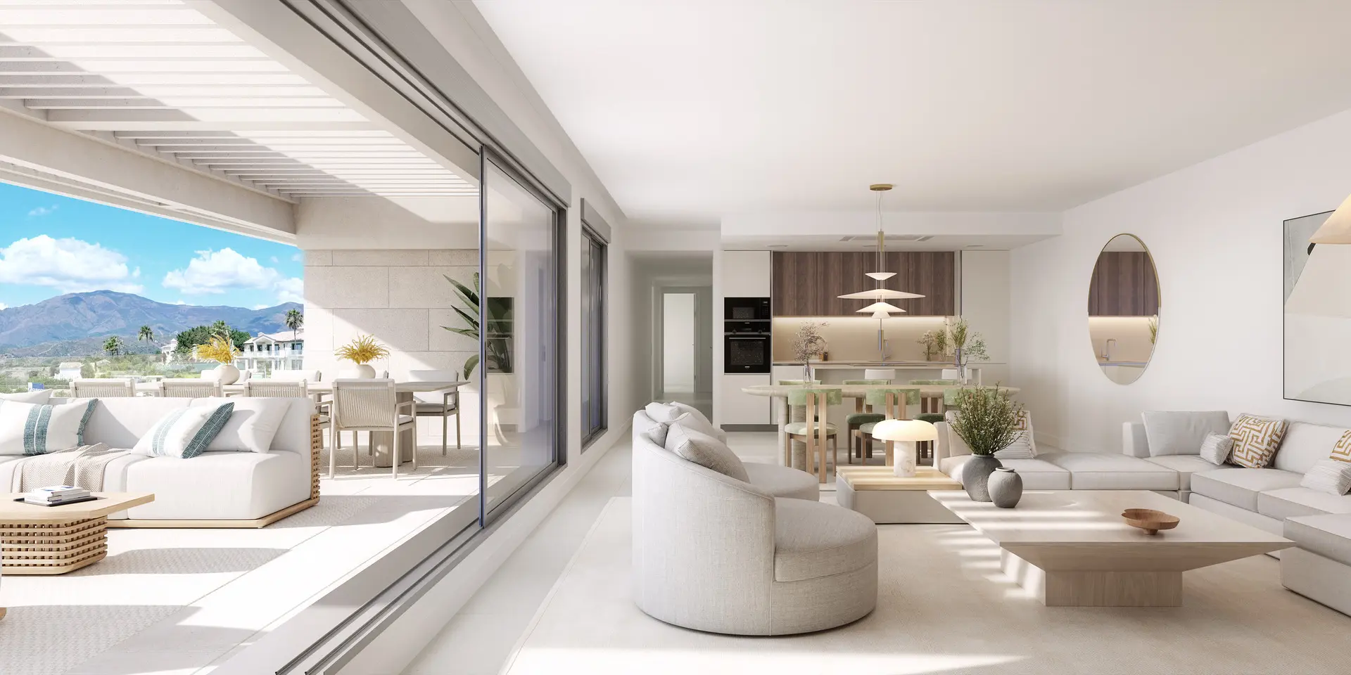 Estepona, Costa del Sol, Off-plan, Luxury apartment residences, Sea view apartments, gated communities, Open-Plan Kitchen and Dining, Living-room, Terrace