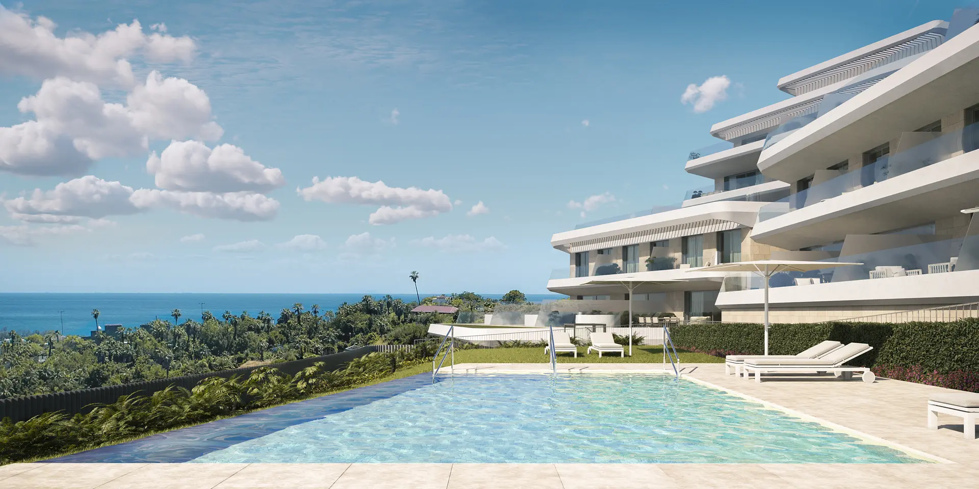 Estepona, Costa del Sol, Off-plan, Luxury apartment residences, Sea view apartments, gated communities, terraces, community pool, exterior facade