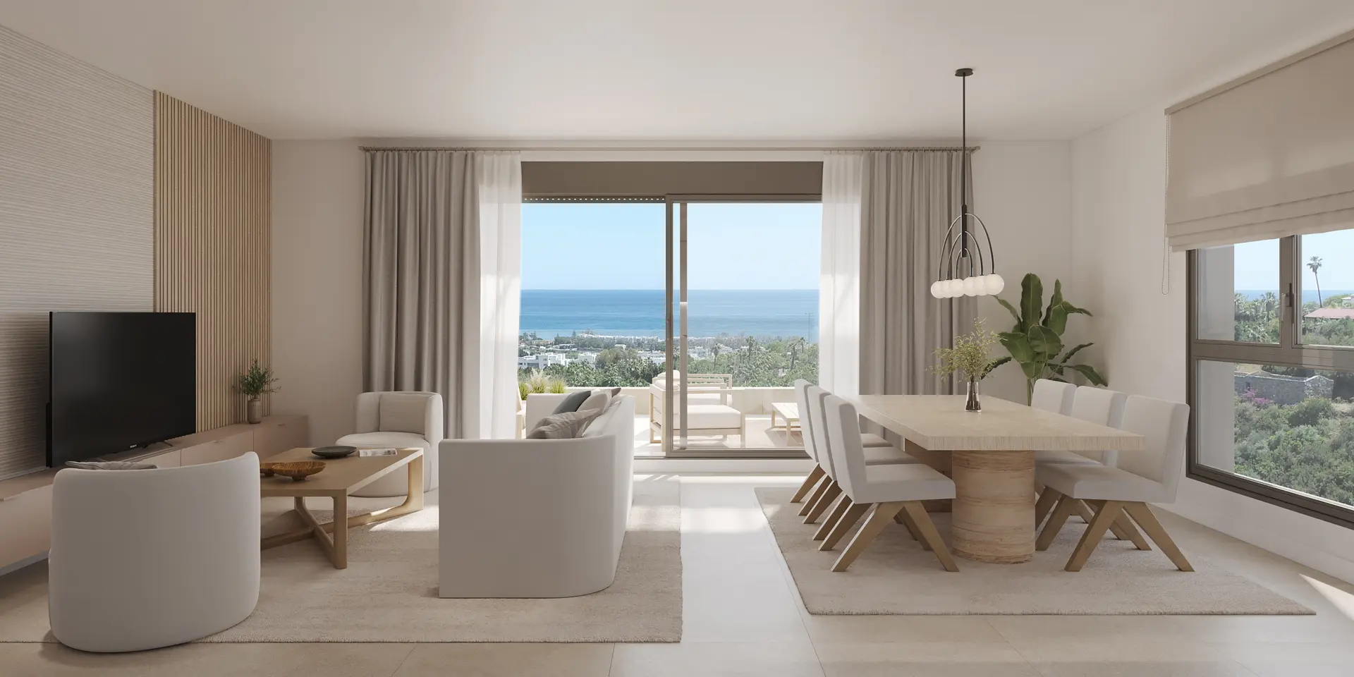 Estepona, Costa del Sol, Off-plan, New Developments, Luxury apartments, Sea view apartments, gated communities, Living-room, Terrace