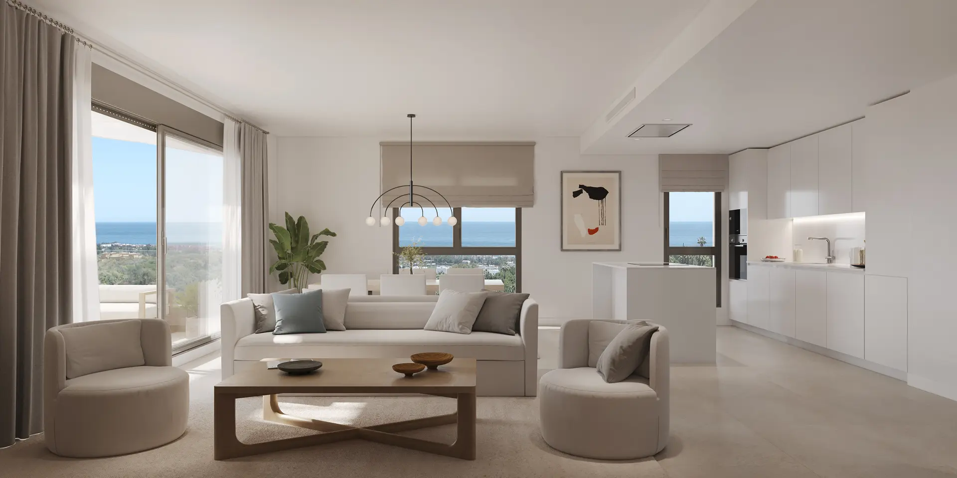 Estepona, Costa del Sol, Off-plan, Luxury apartments, Sea view apartments, gated communities, Open-Plan Kitchen and Dining, Living-room, Terrace