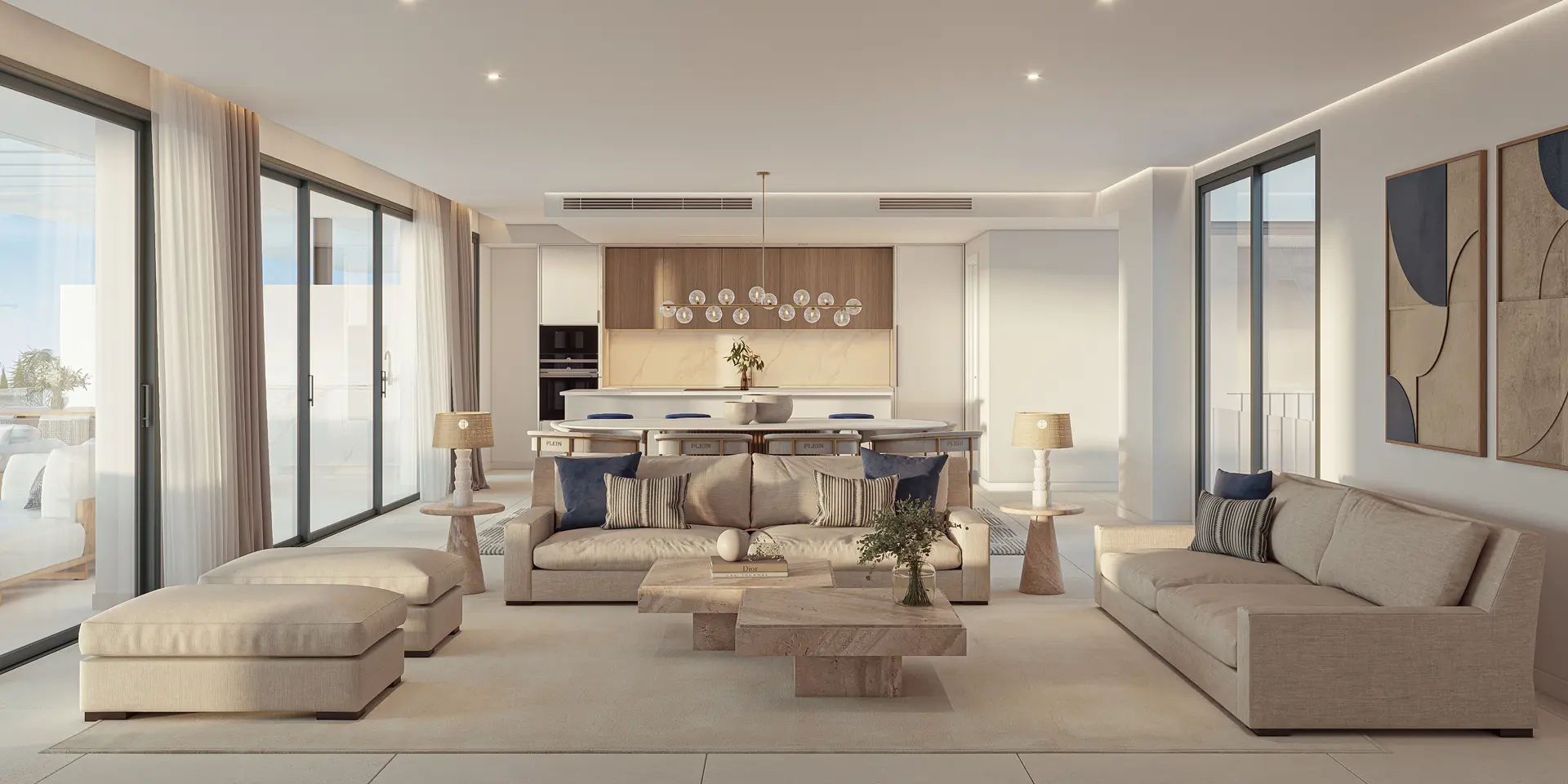 Los Monteros, Marbella, Costa del Sol, Off-Plan, New Developments, Gated Communities, Luxury Apartments, Contemporary Apartments, Penthouse Apartments, Ground-Floor Apartments, Open-Plan, Kitchen, Dining, Living-Room, Terraces, Interior Design