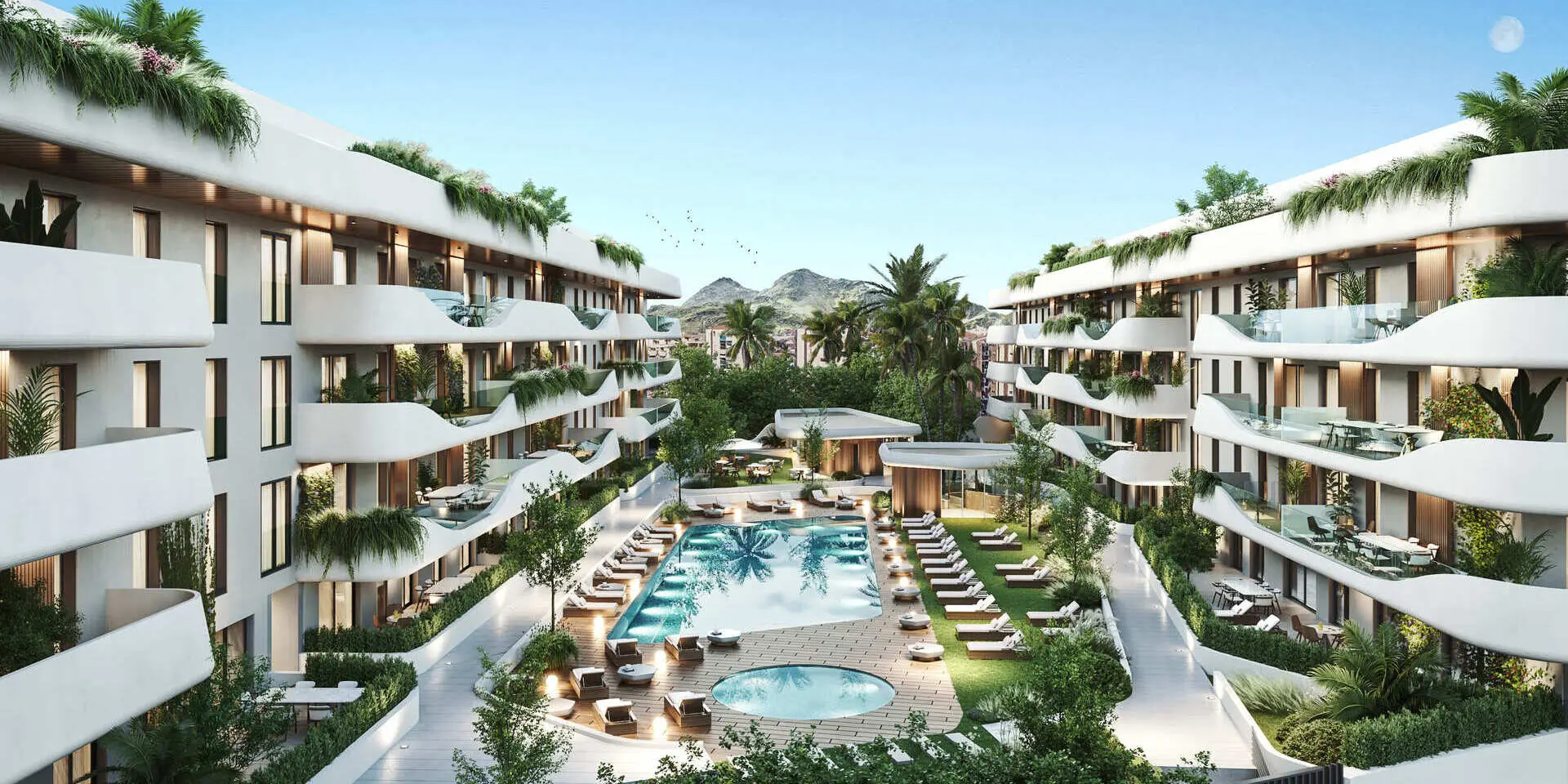 San Pedro, Marbella, Costa del Sol, Off-plan, Ne developments, Gated communities, Urban Residences, Luxury Apartments, Contemporary Homes, Sea view apartments, Community grounds, Communal pool, Pool bar, Exterior facade, Terraces