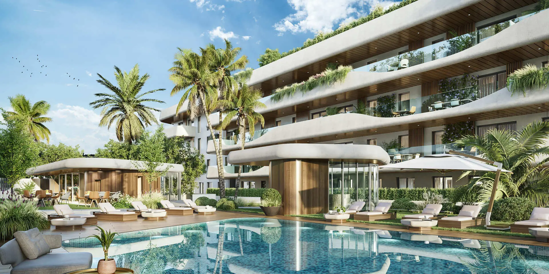 San Pedro, Marbella, Costa del Sol, Off-plan, Ne developments, Gated communities, Urban Residences, Luxury Apartments, Contemporary Homes, Sea view apartments, Community grounds, Community pool, Pool bar, Exterior facade