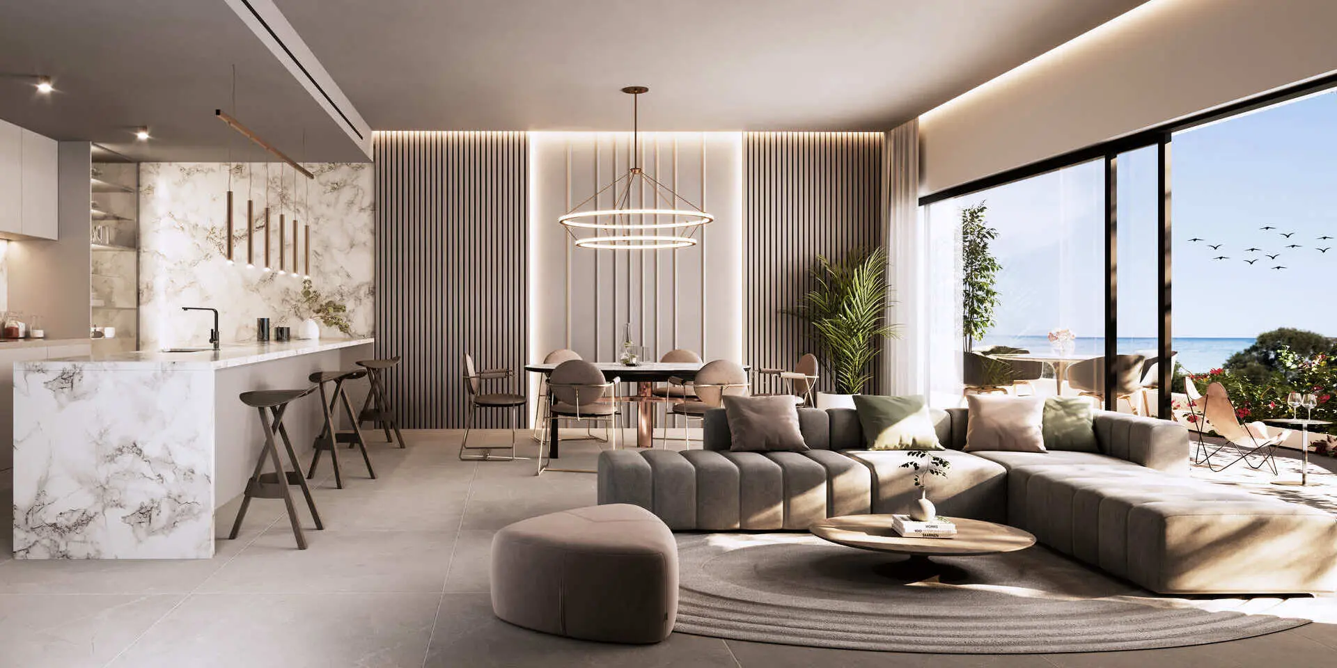 San Pedro, Marbella, Costa del Sol, Off-plan, Ne developments, Gated communities, Urban Residences, Luxury Apartments, Contemporary Homes, Sea view apartments, Open-plan, Kitchen, Dining, Living-room, Sea views