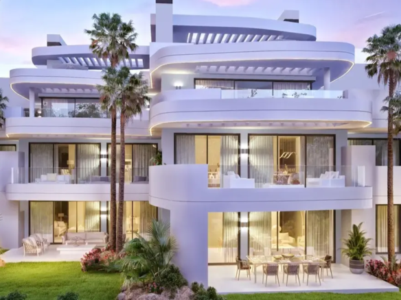 Ojen, Marbella, Costa del sol, Off-plan, New Developments, Gated communities, Sea view apartments, Luxury Apartments, Contemporary Apartments, Exterior facade, Terraces, Private gardens, Night-shot
