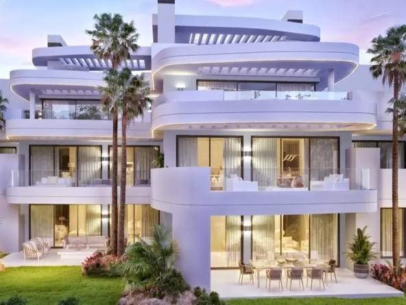 Ojen, Marbella, Costa del sol, Off-plan, New Developments, Gated communities, Sea view apartments, Luxury Apartments, Contemporary Apartments, Exterior facade, Terraces, Private gardens, Night-shot