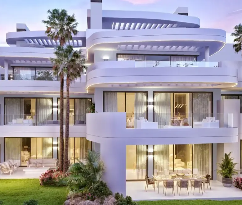 Ojen, Marbella, Costa del sol, Off-plan, New Developments, Gated communities, Sea view apartments, Luxury Apartments, Contemporary Apartments, Exterior facade, Terraces, Private gardens, Night-shot
