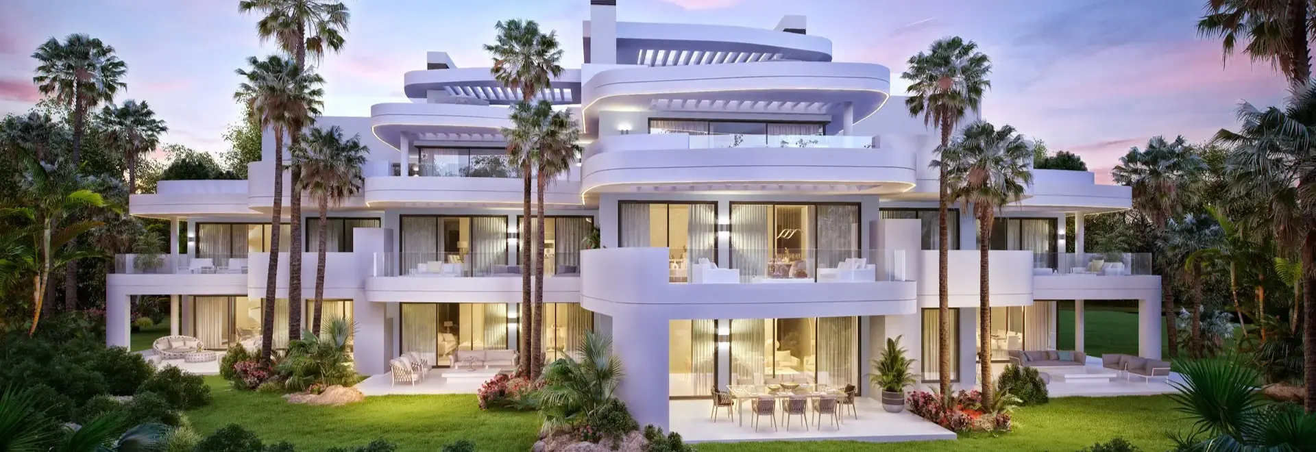 Ojen, Marbella, Costa del sol, Off-plan, New Developments, Gated communities, Sea view apartments, Luxury Apartments, Contemporary Apartments, Exterior facade, Terraces, Private gardens, Night-shot