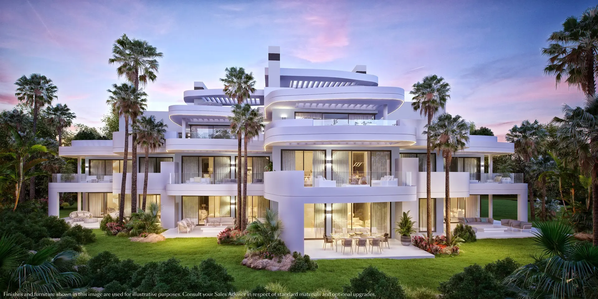 Ojen, Marbella, Costa del sol, Off-plan, New Developments, Gated communities, Sea view apartments, Luxury Apartments, Contemporary Apartments, Exterior facade, Terraces, Private gardens, Night-shot