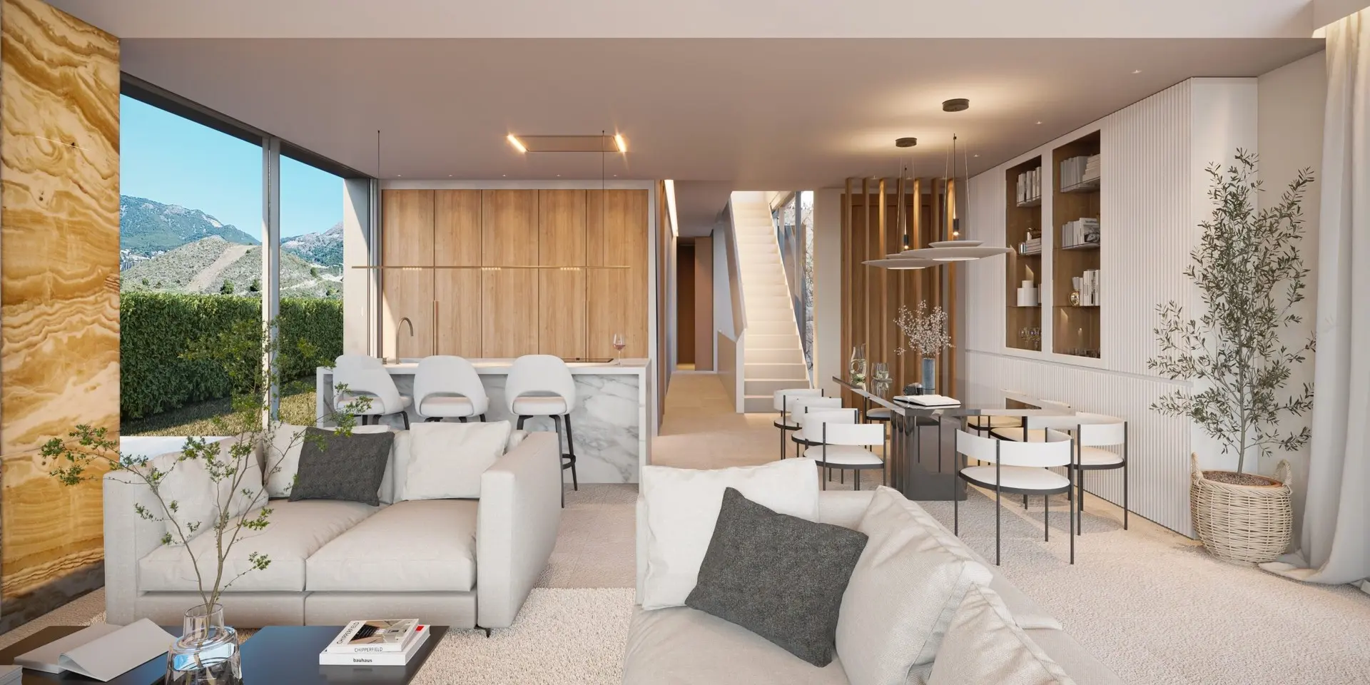 Higueron, Benalmadena, Costa del Sol, Off-plan, New Developments, Gated Communities, Gated Villa Communities, Single Family Homes, Luxury Villas, Sea View Villas, Private Garden, Private Pool, Open-plan, Kitchen, Dining, Living-room, Interior Design
