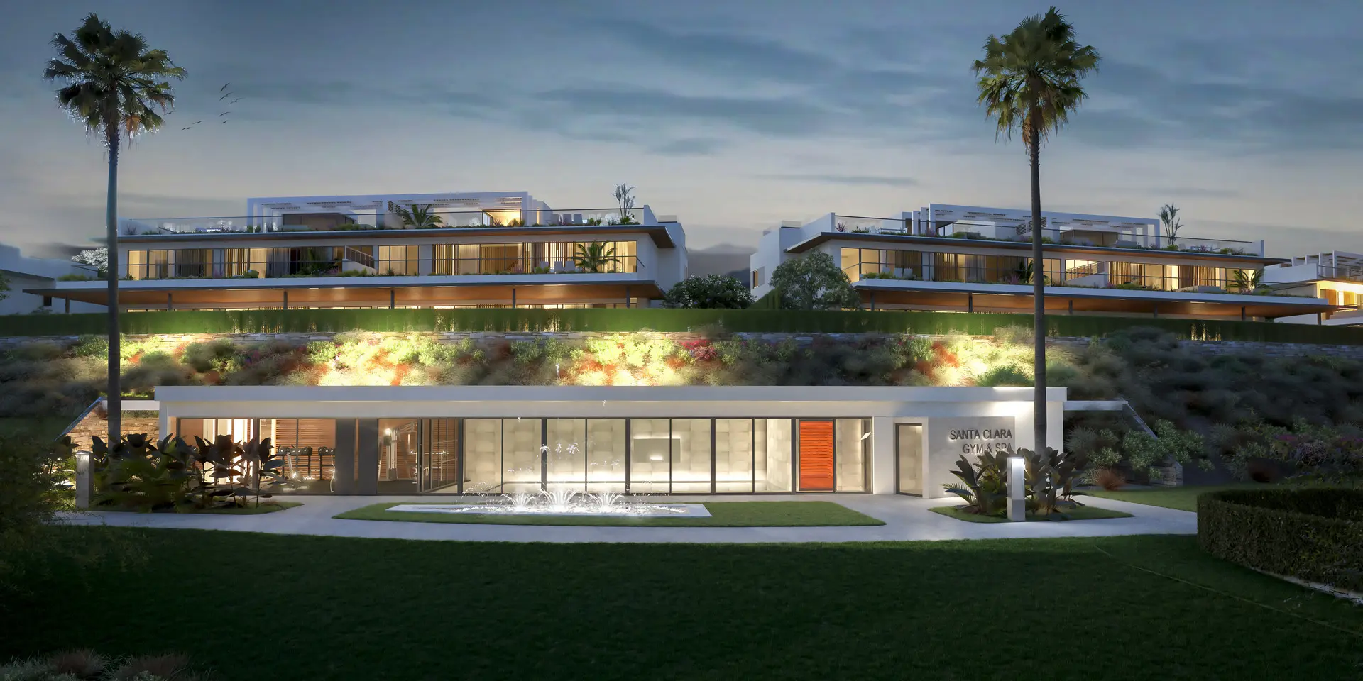Costa del Sol Marbella Front Line Golf Residences Semi Detached Houses facade gym spa garden night