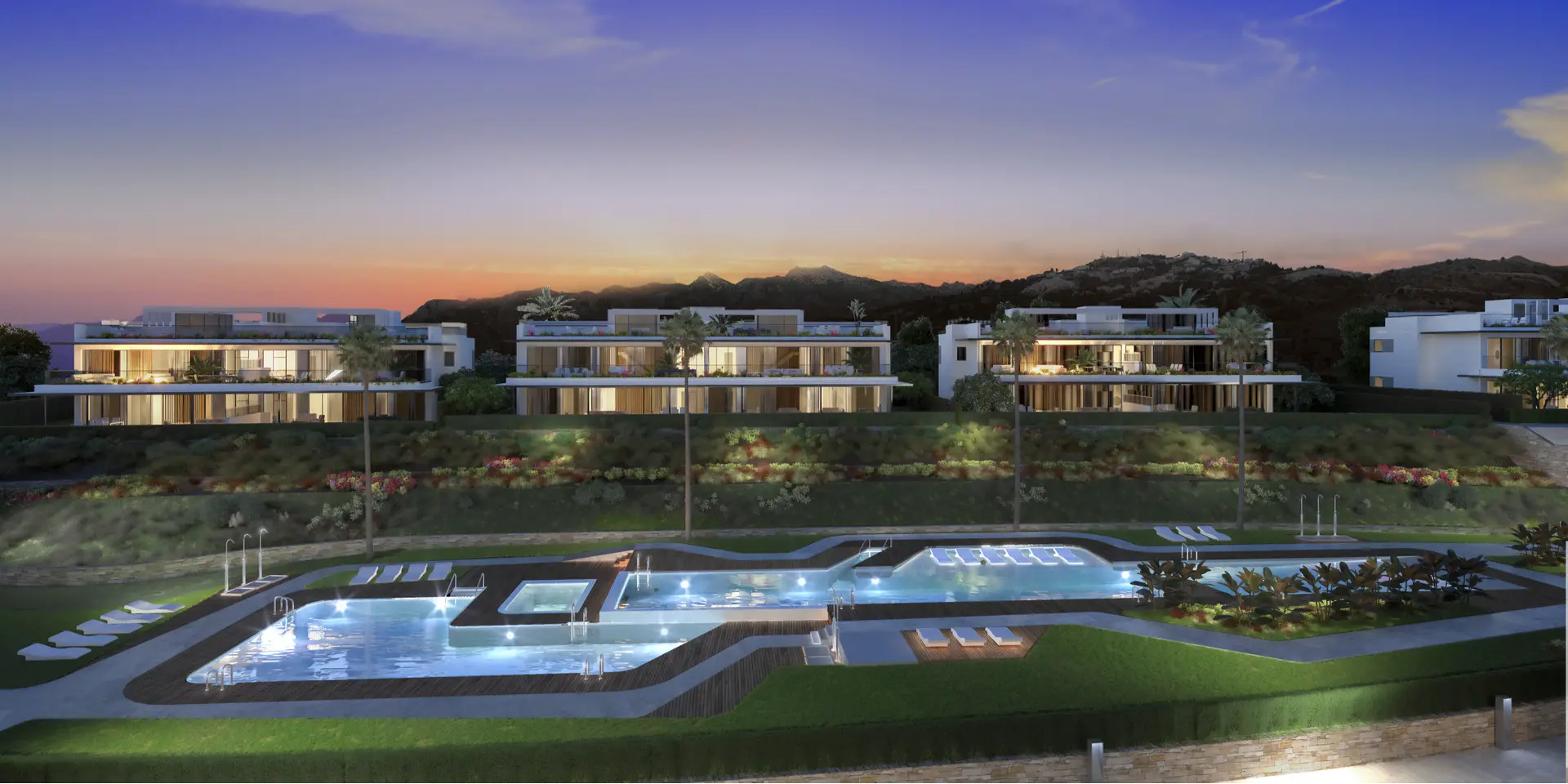 Costa del Sol Marbella Front Line Golf Residences Semi Detached Houses facade swimming pool garden night