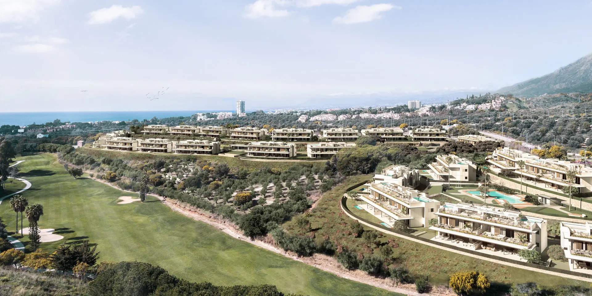 Costa del Sol Marbella Front Line Golf Residences Semi Detached Houses facade aerial view golf course