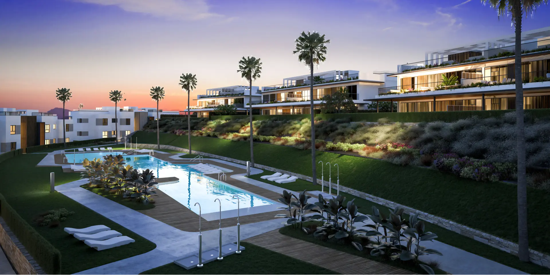 Costa del Sol Marbella Front Line Golf Residences Semi Detached Houses facade community swimming pool garden sunset