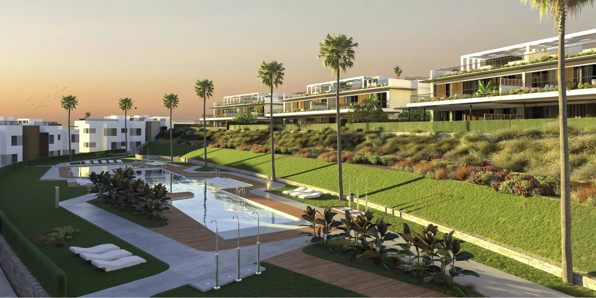 Costa del Sol Marbella Front Line Golf Residences Semi Detached Houses facade community swimming pool garden sunrise palm trees