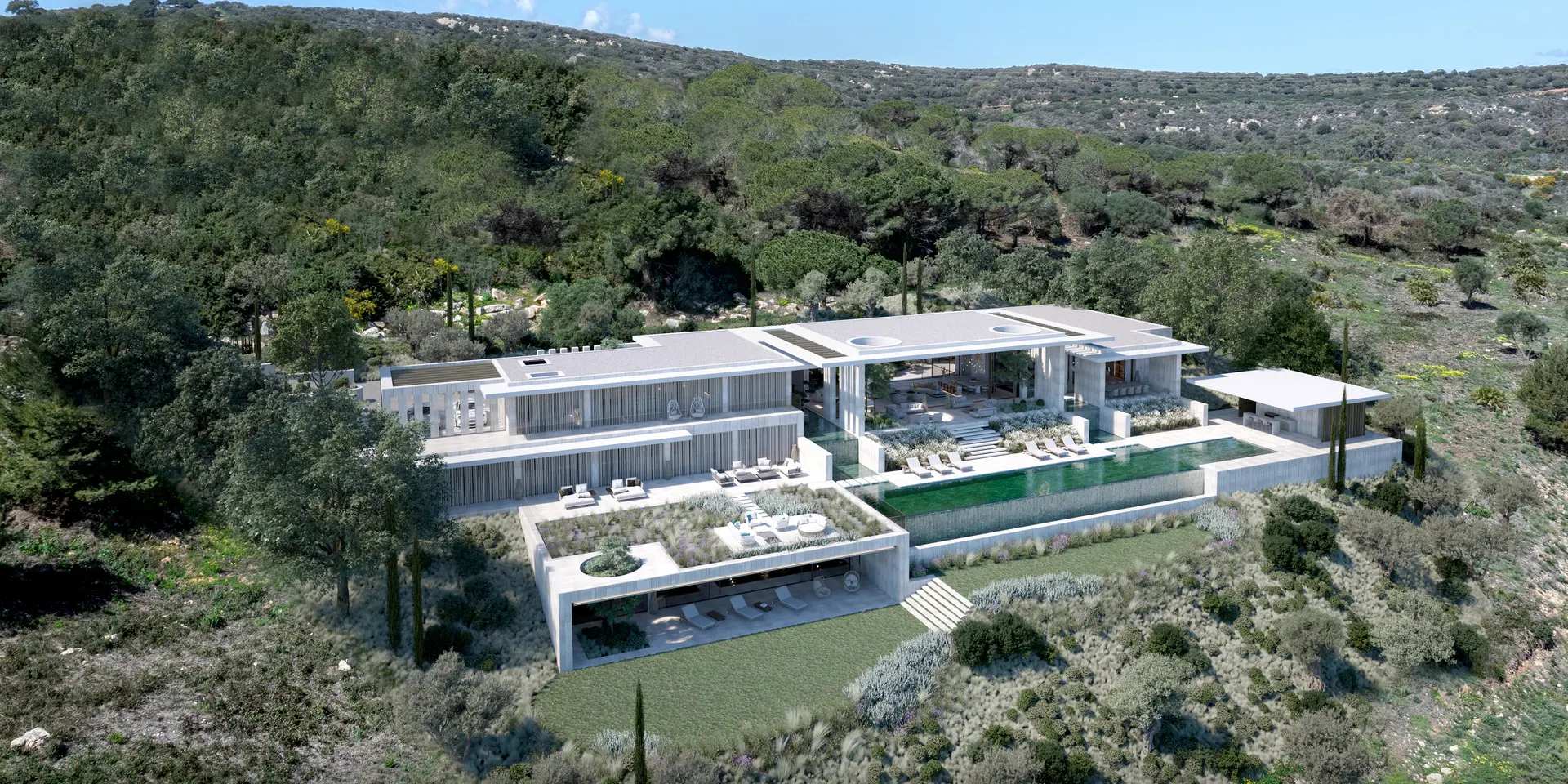 Sotogrande Costa del Sol Golf & Country Resort Residences facade terrace living room infinity swimming pool aerial view