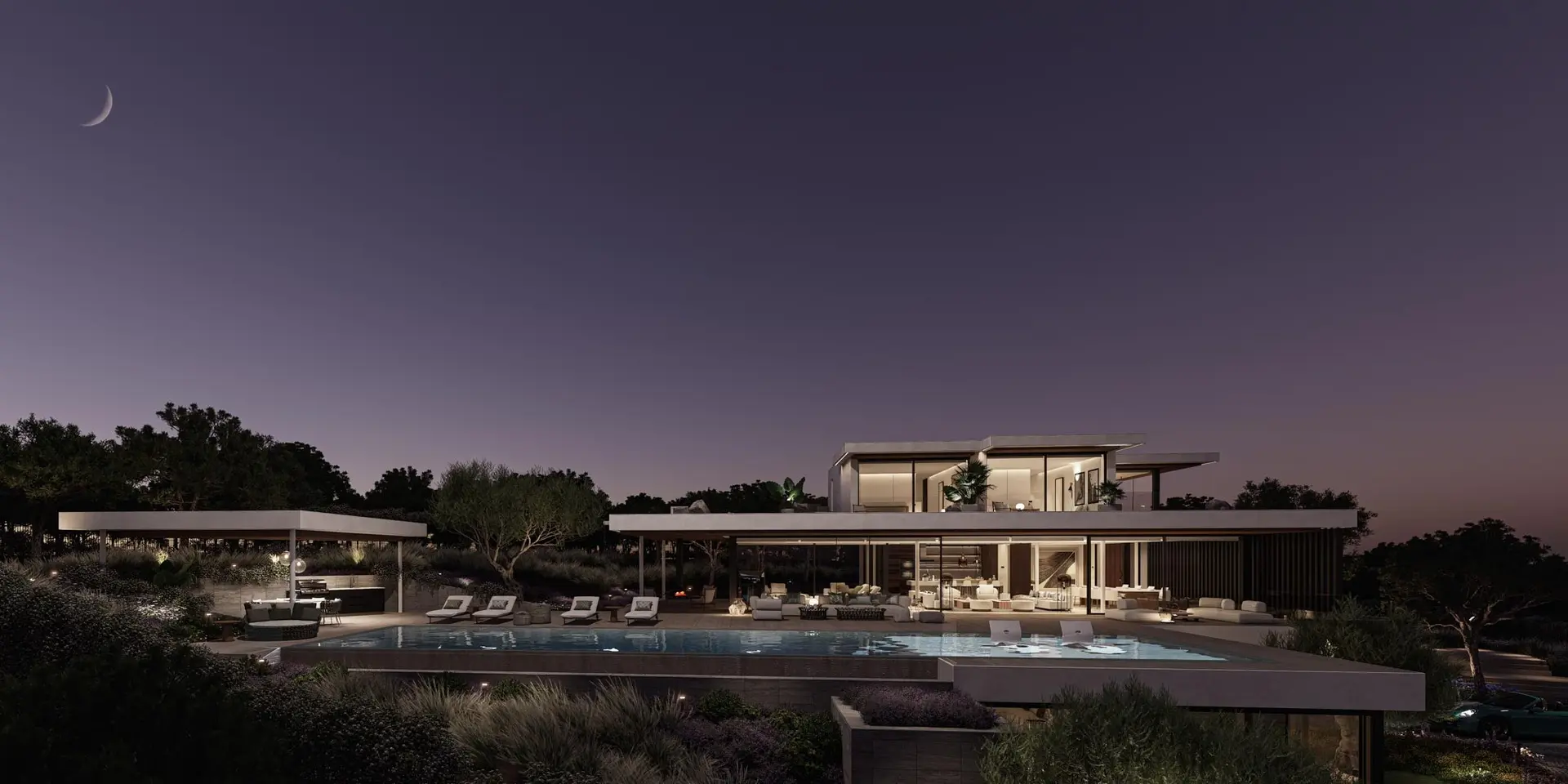 Sotogrande Costa del Sol Golf & Country Resort Residences facade terrace living room infinity swimming pool night view